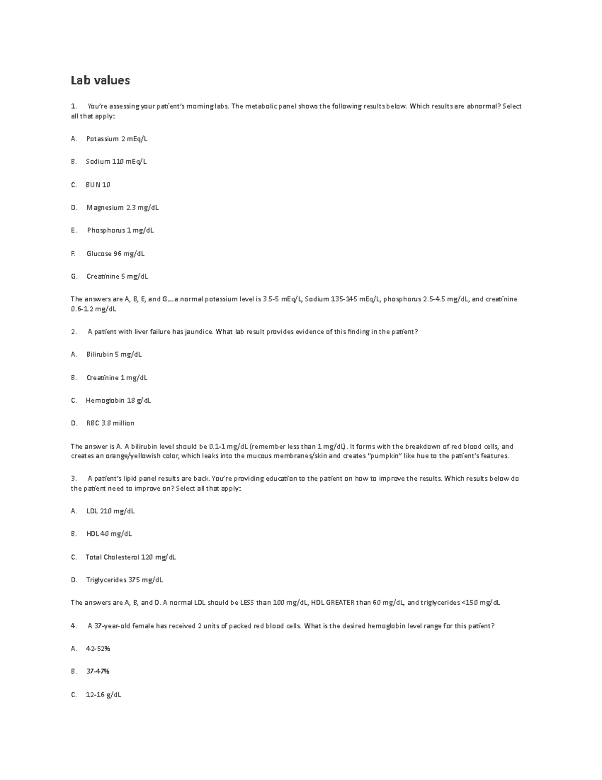 Lab value/Pharm Question Lab values Studocu