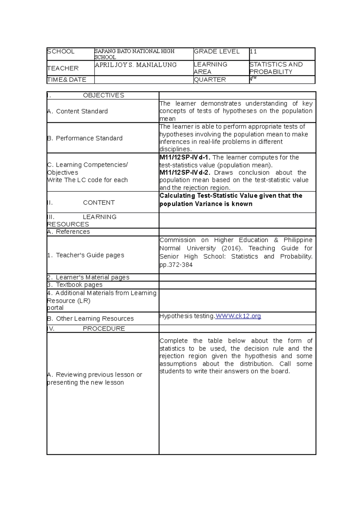 DLL-4TH QTR - Daily Lesson Log - SCHOOL SAPANG BATO NATIONAL HIGH ...