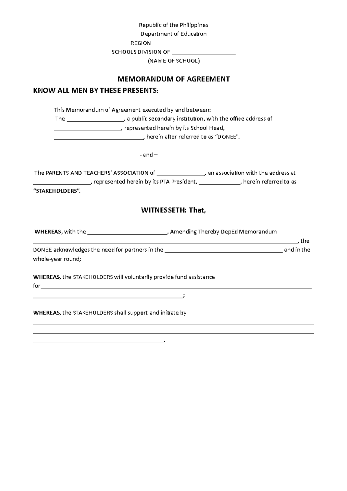 Memorandum of agreement PTA - Republic of the Philippines Department of ...