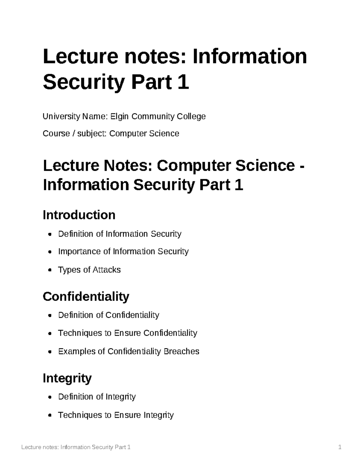 Lecture Notes Information Security Part 1 - Lecture Notes: Information ...