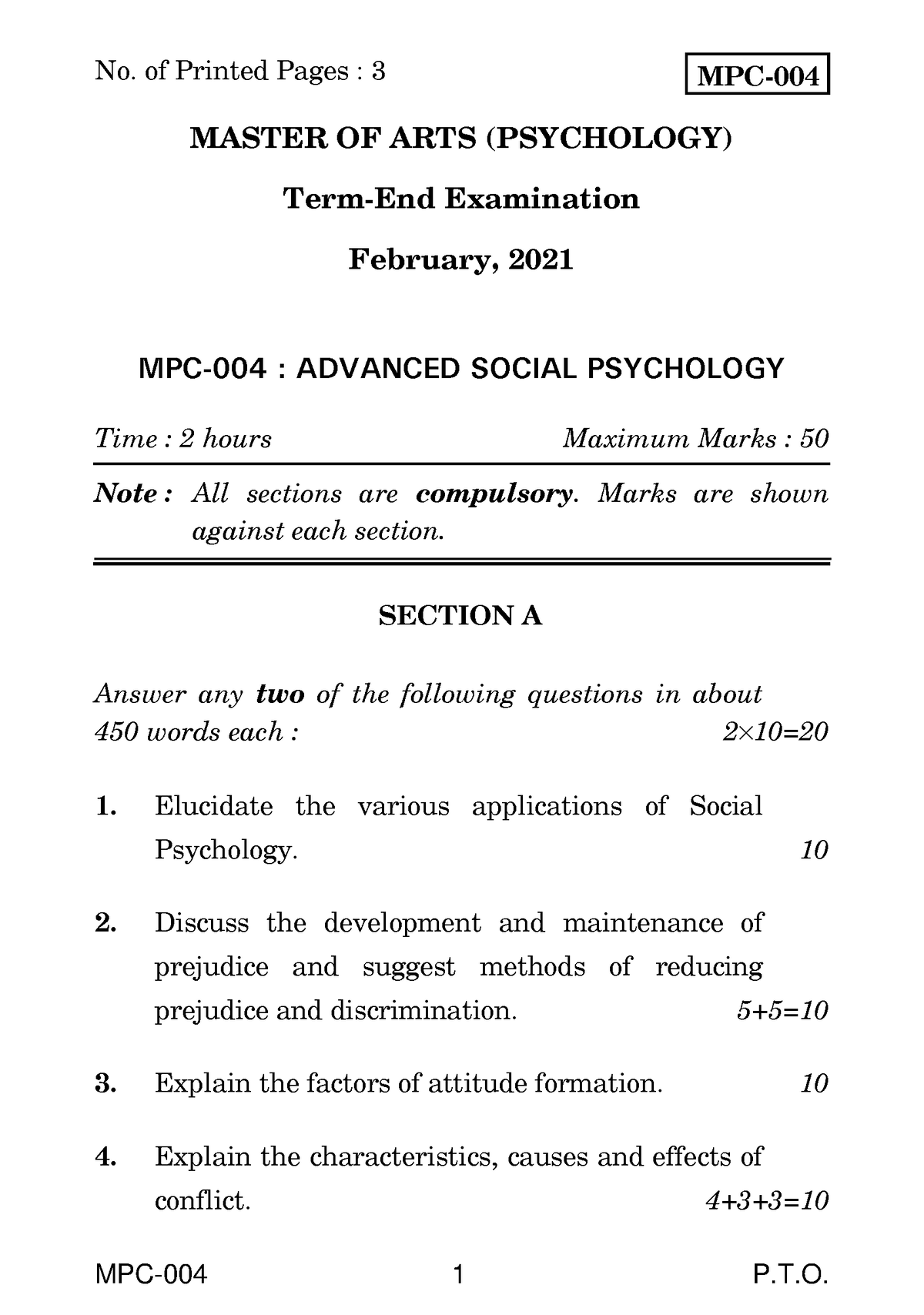 Mpc 4 Advanced Social Psychology Previous Year Question Paper Mpc 004 1 Pt Mpc Master Of 9735