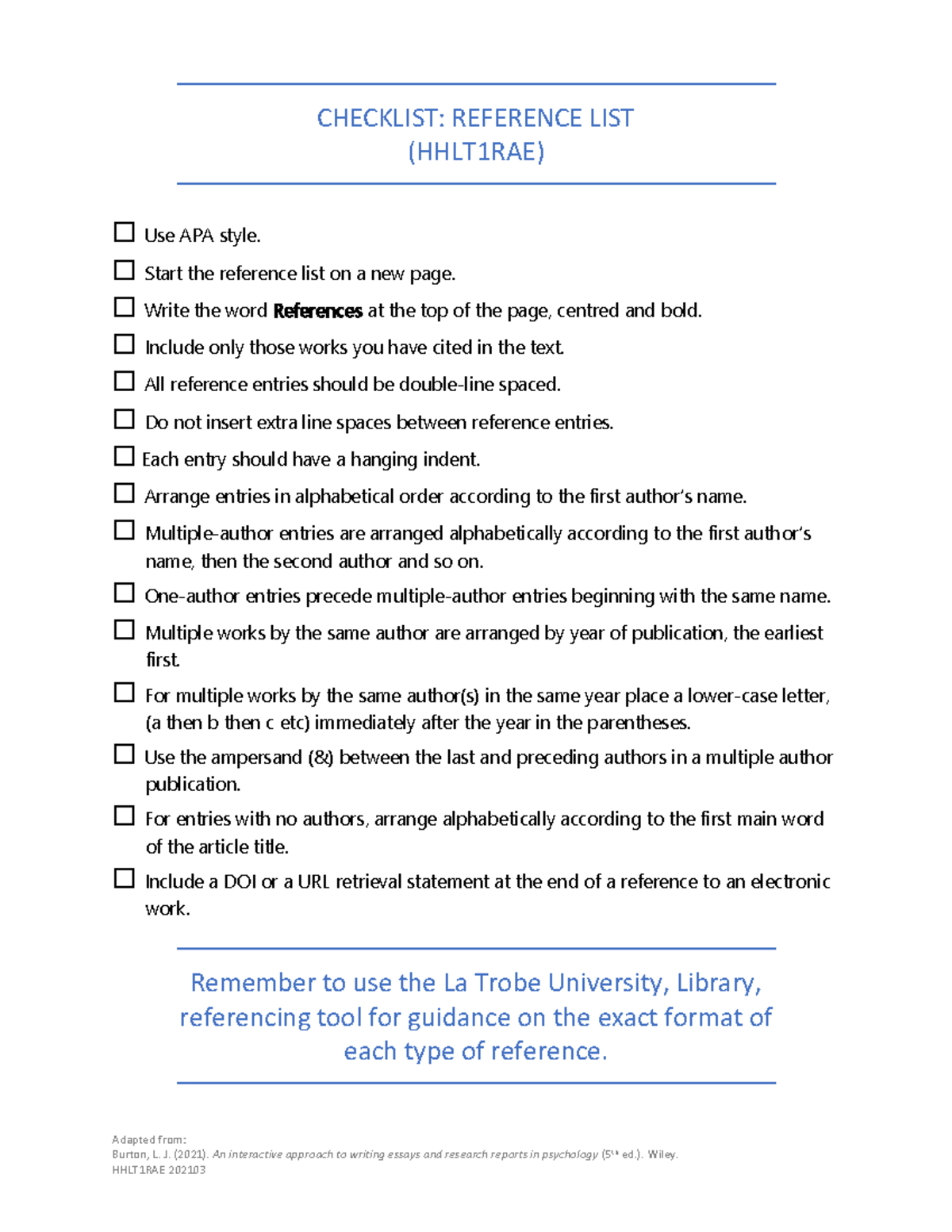 Checklist - references - CHECKLIST: REFERENCE LIST (HHLT1RAE) Adapted ...