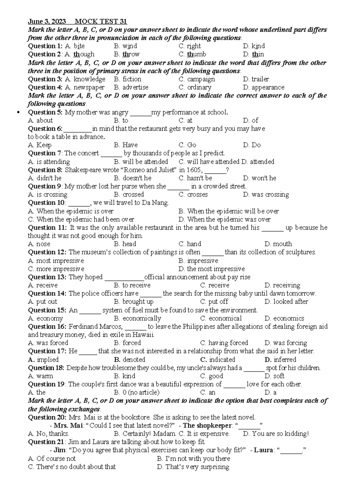 MOCK TEST 31- DE Luyen THI Tnthpt (71) - June 3, 2023 MOCK TEST 31 Mark ...