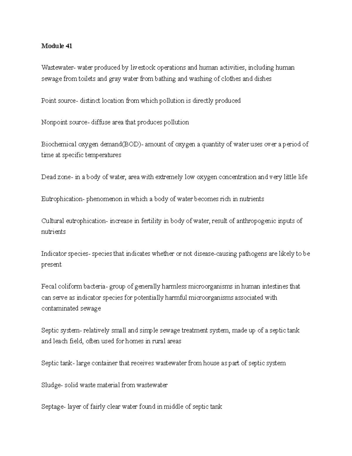Apes vocab mod 4145 CLASS NOTES Module 41 Wastewater water