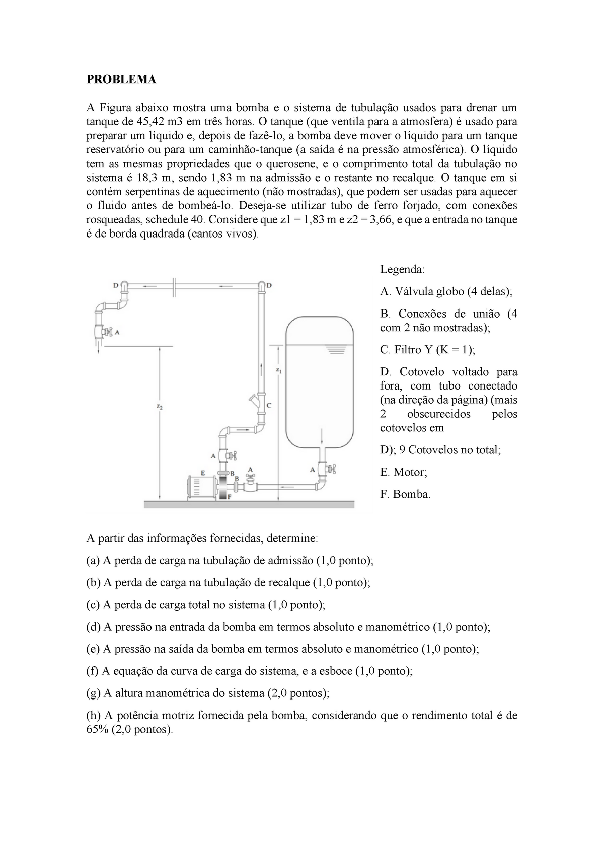 Avaliação - Dimensionamento De Uma Tubulação Com Bomba - PROBLEMA A ...