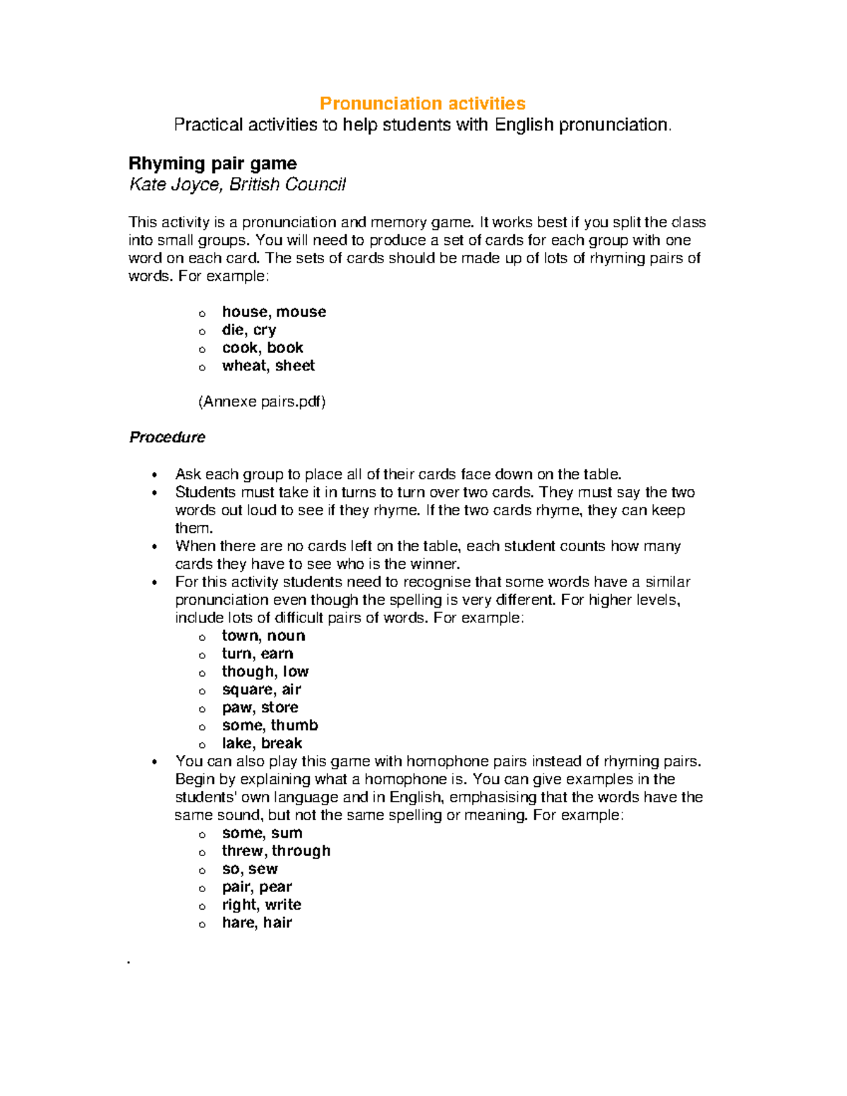 Practical pronunciation activities - Pronunciation activities Practical ...