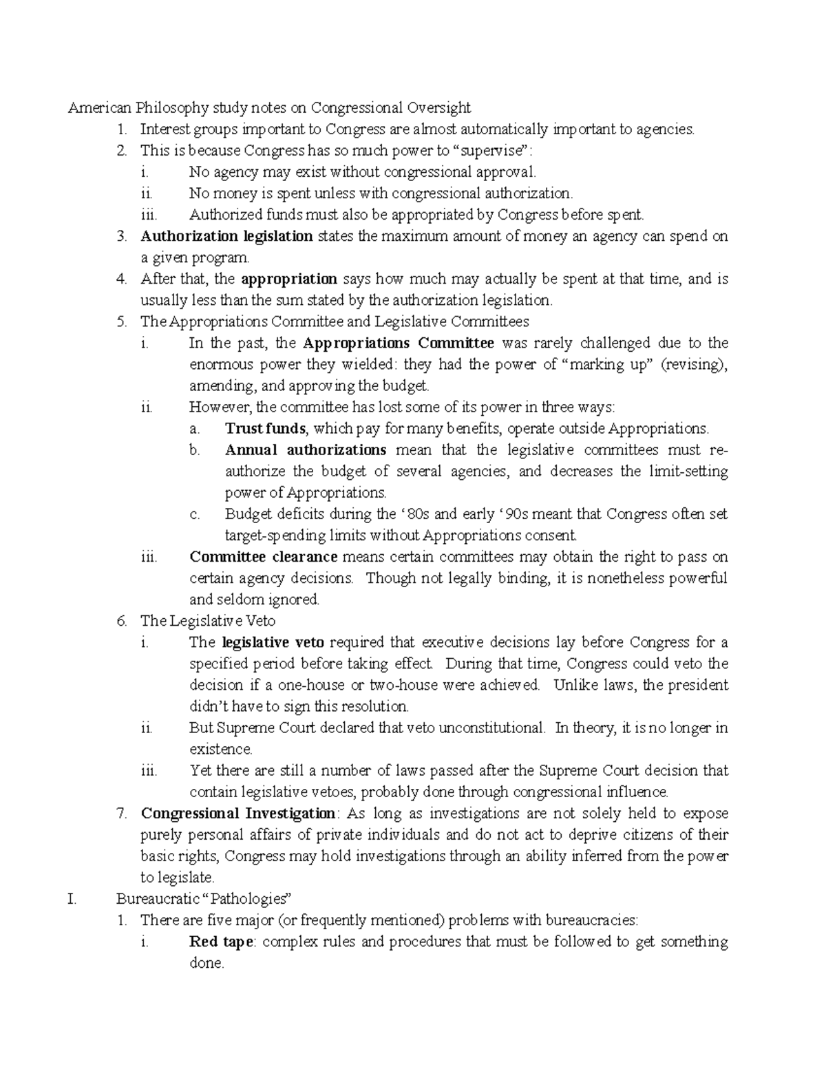 American Philosophy study notes on Congressional Oversight - Interest ...