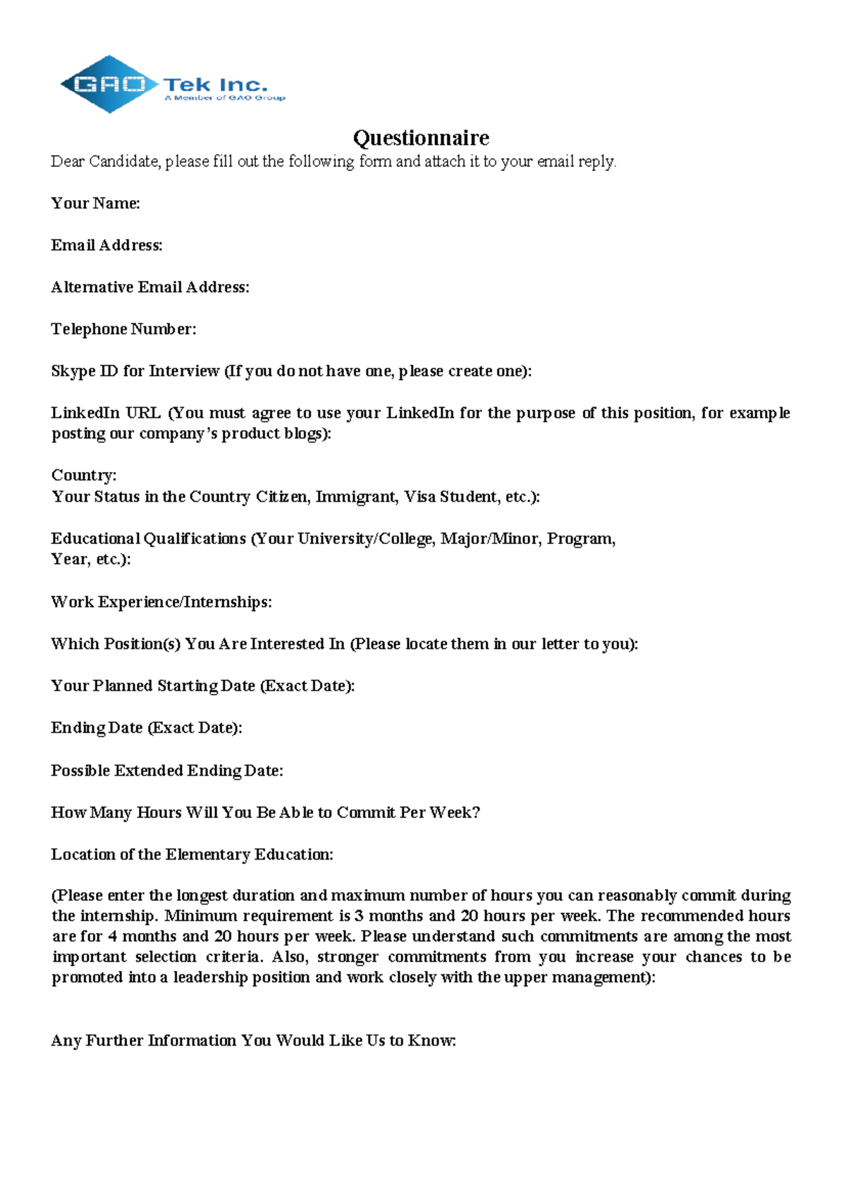 GAO Tek Internship Questionnaire - Questionnaire Dear Candidate, please ...
