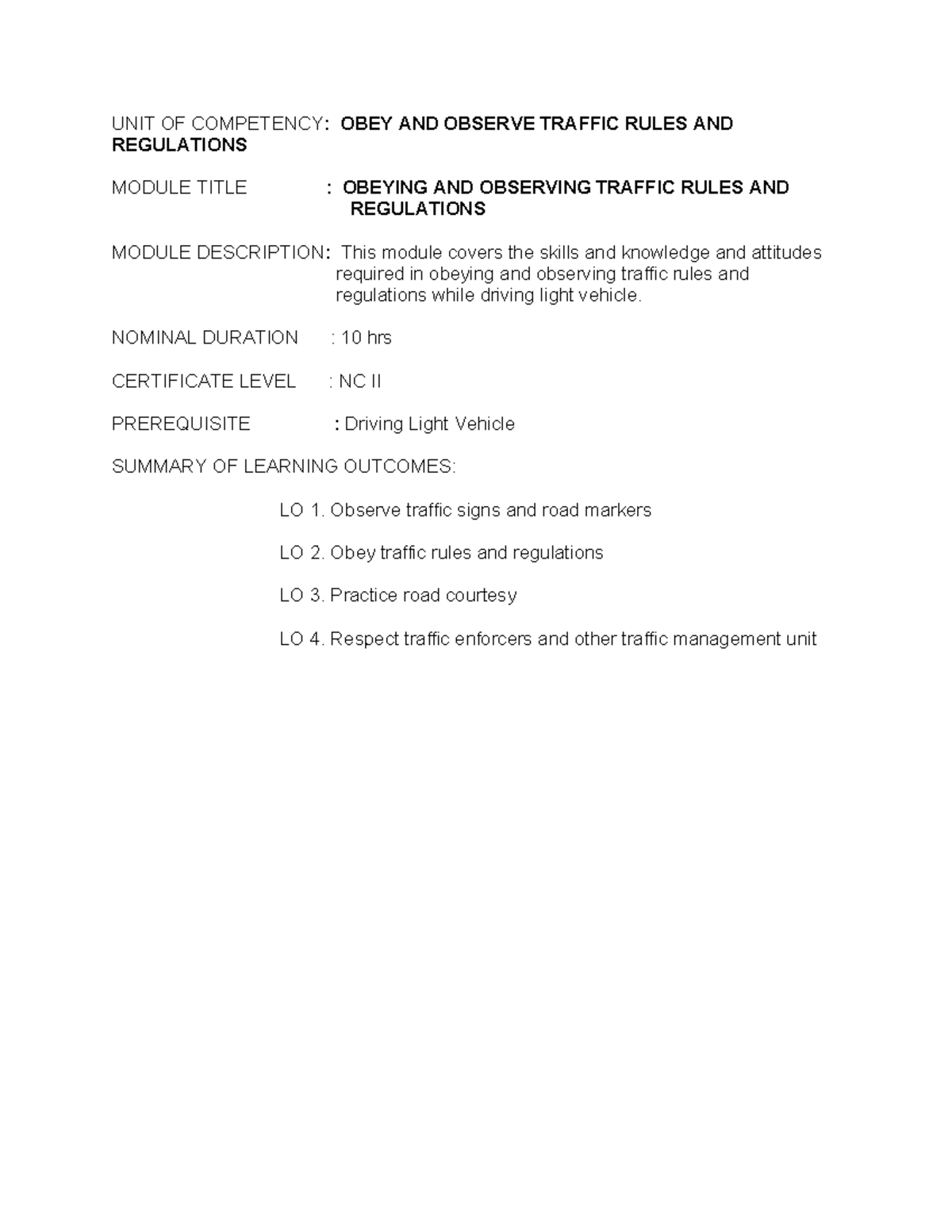Driving NCII CORE 3 CBC - cbc - UNIT OF COMPETENCY: OBEY AND OBSERVE ...