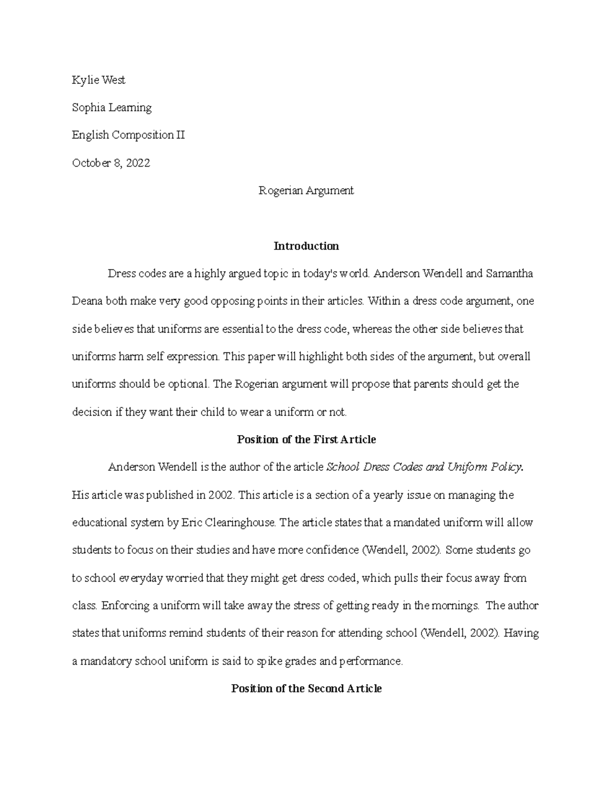 Kylie West - EN 3 - Rogerian Argument - Kylie West Sophia Learning ...