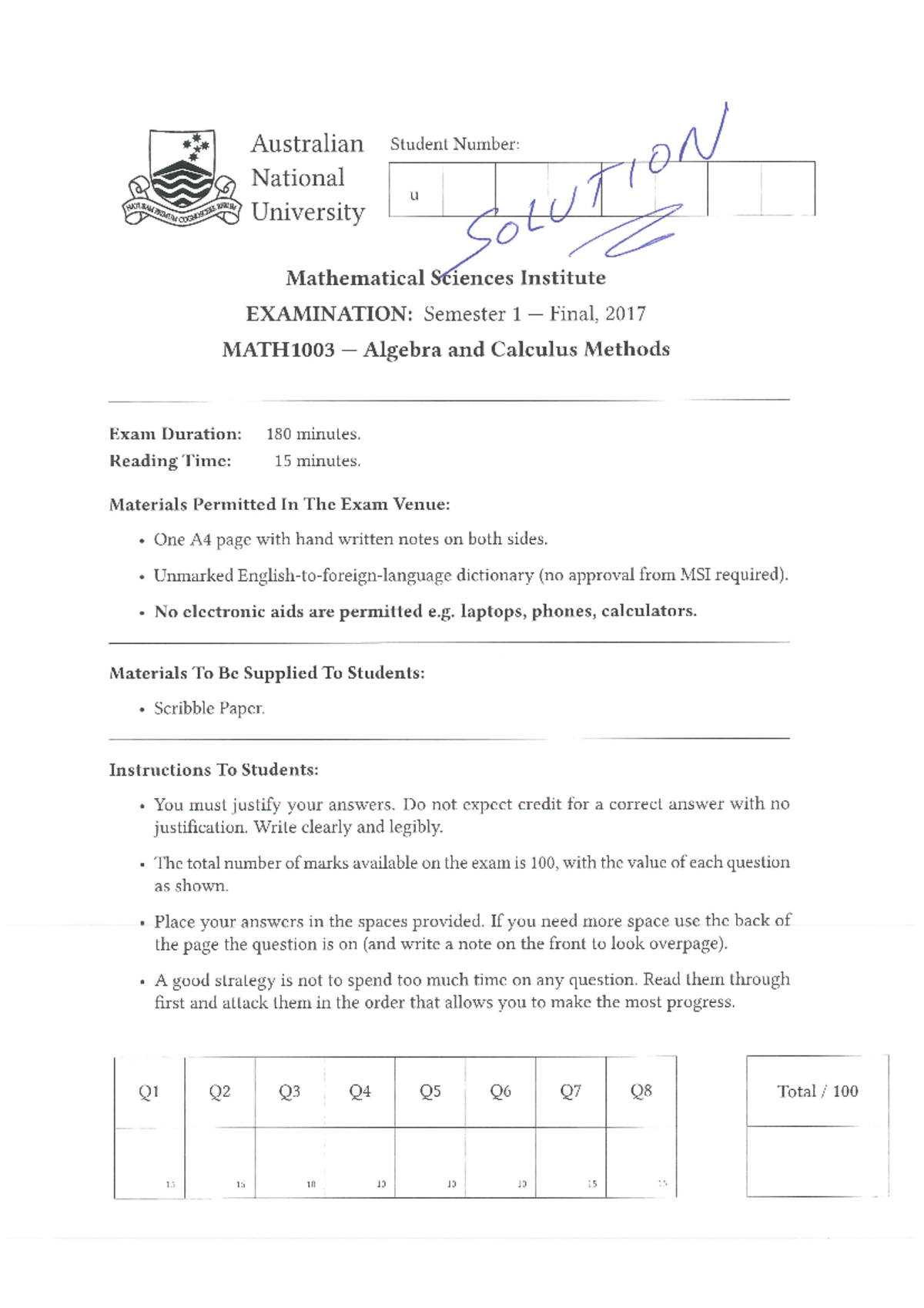 Sample/practice exam 2017, questions and answers - MATH1003 - Studocu