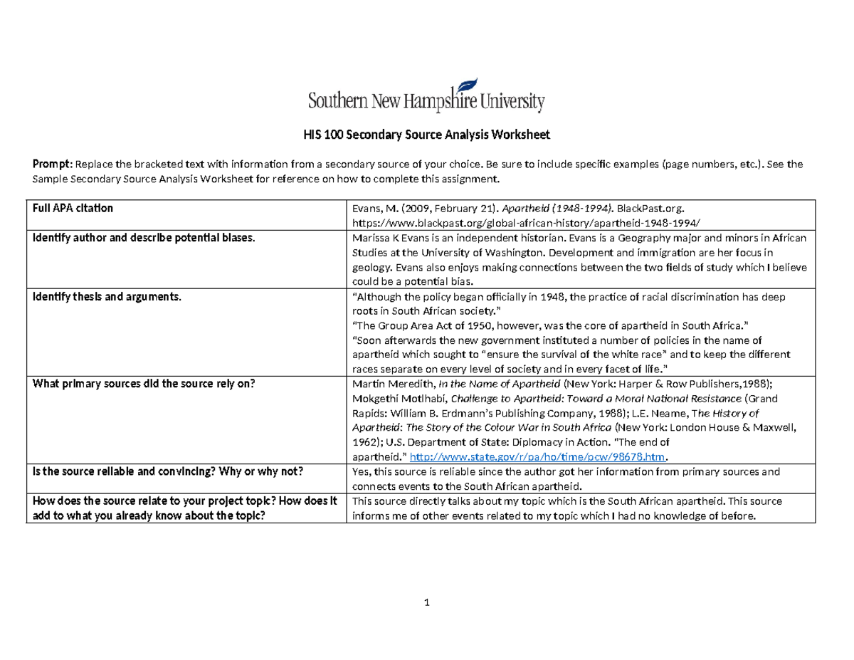 HIS 100 Secondary Source Analysis Worksheet - HIS 100 Secondary Source ...