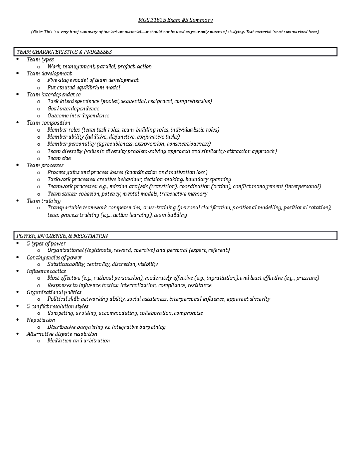 MOS 2181B Winter 2019 Exam 3 Summary - MOS 2181B Exam Summary (Note ...