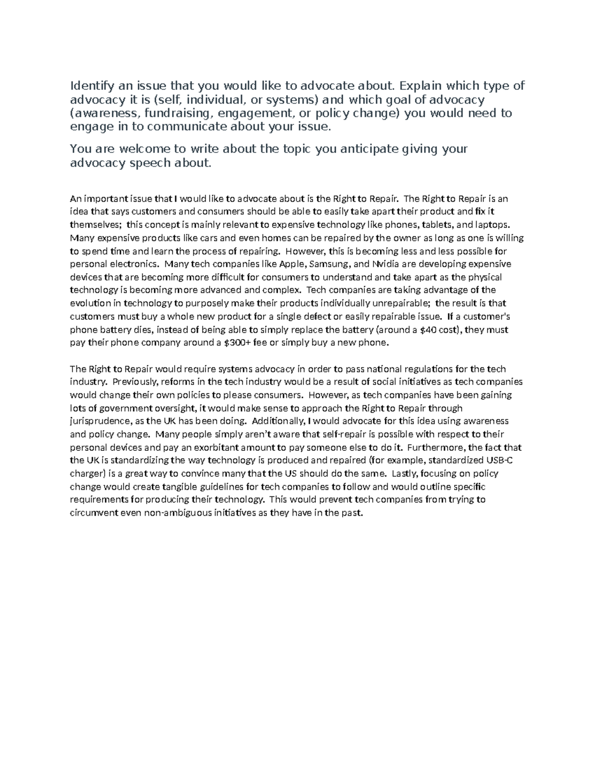 Week 8 W&R - Lecture notes for week 15 - Identify an issue that you ...