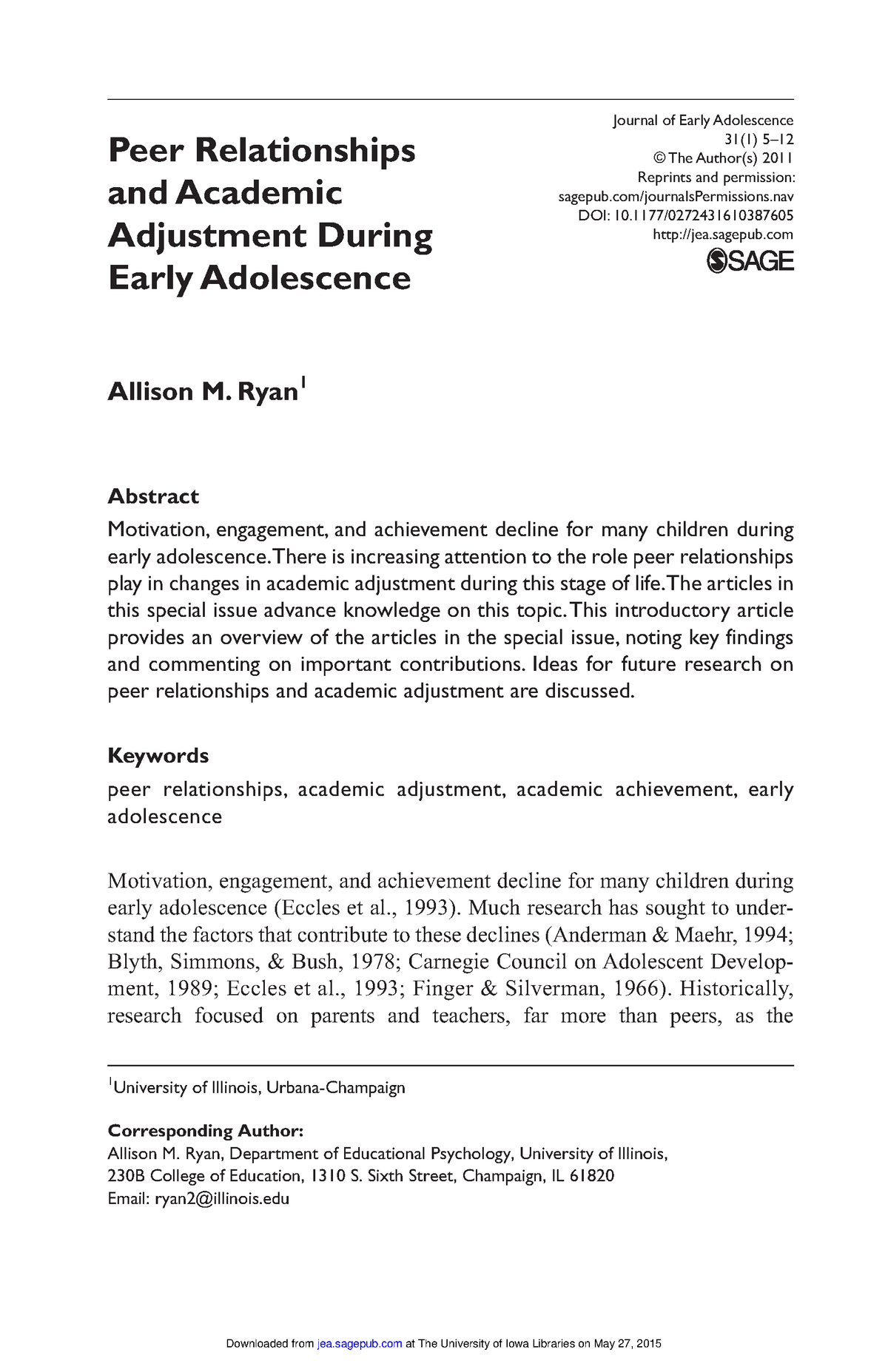 Peer Relationships And Academic Adjustment - Journal Of Early ...