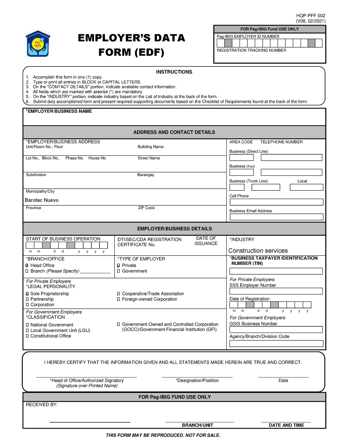 PFF002 Employers Data Form V08 - EMPLOYER’S DATA FORM (EDF) HQP-PFF ...