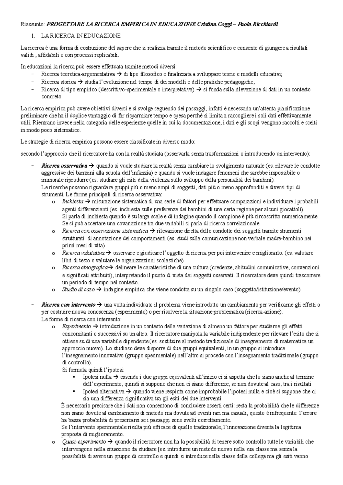 Riassunto Coggi Ricchiardi - Riassunto: PROGETTARE LA RICERCA EMPIRICA ...