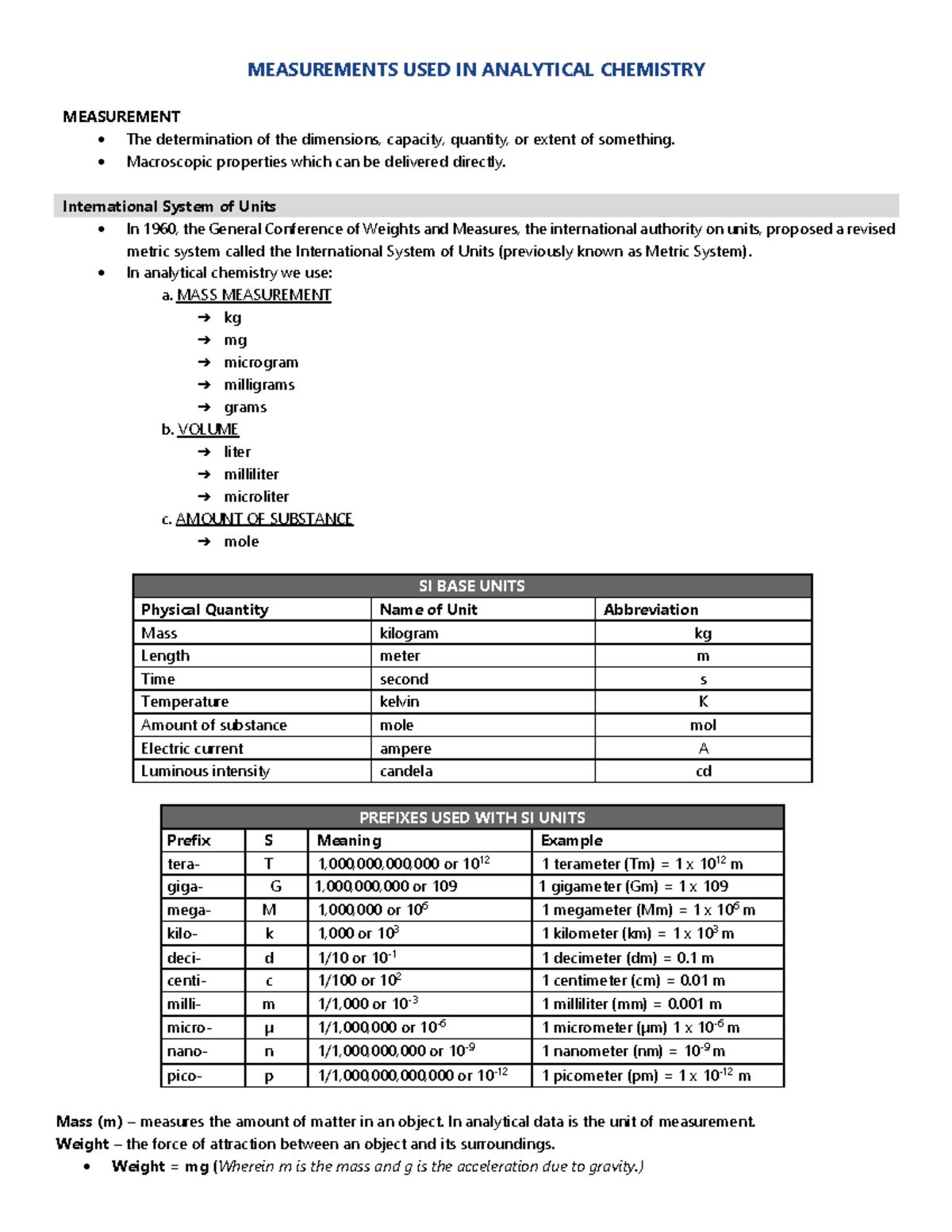 Measurements Used in Analytical Chemistry MEASUREMENTS USED IN