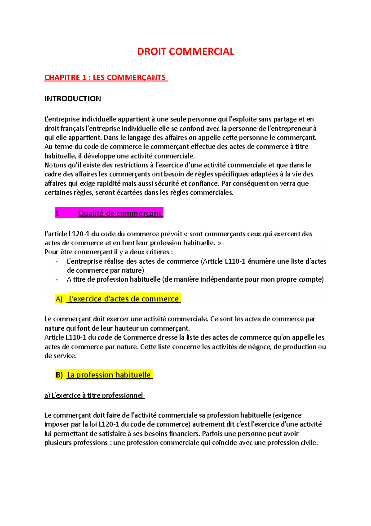 Droit- Commercial- Cours - DROIT COMMERCIAL CHAPITRE 1 : LES ...