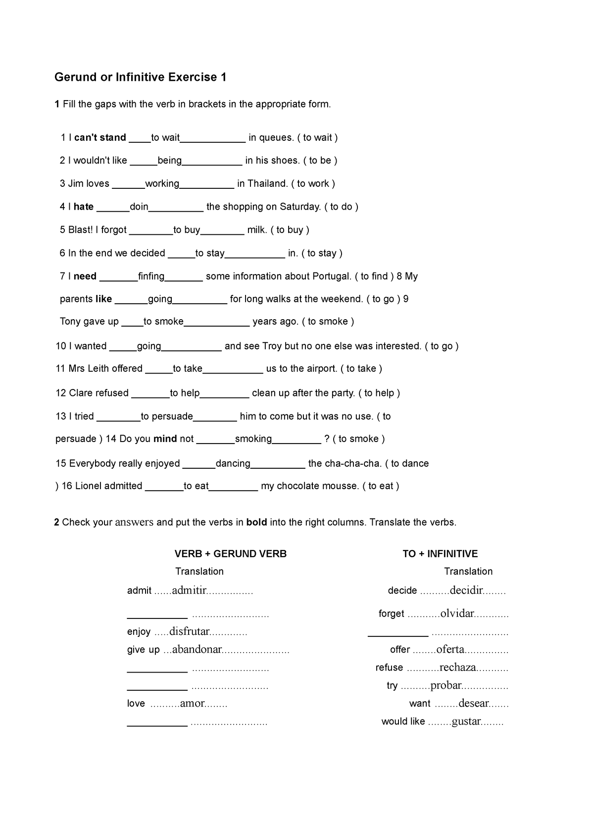 Gerund or Infinitive - Worksheet - Gerund or Infinitive Exercise 1 1 ...