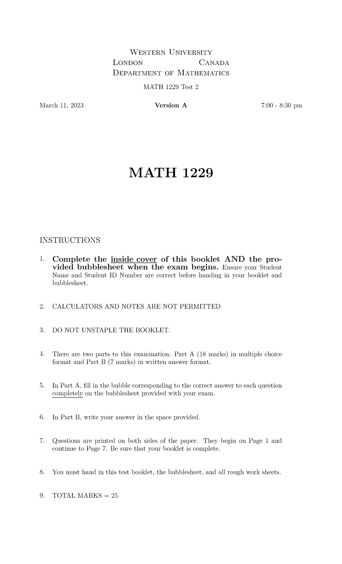 EXAM 2 - Western University London Canada Department of Mathematics ...