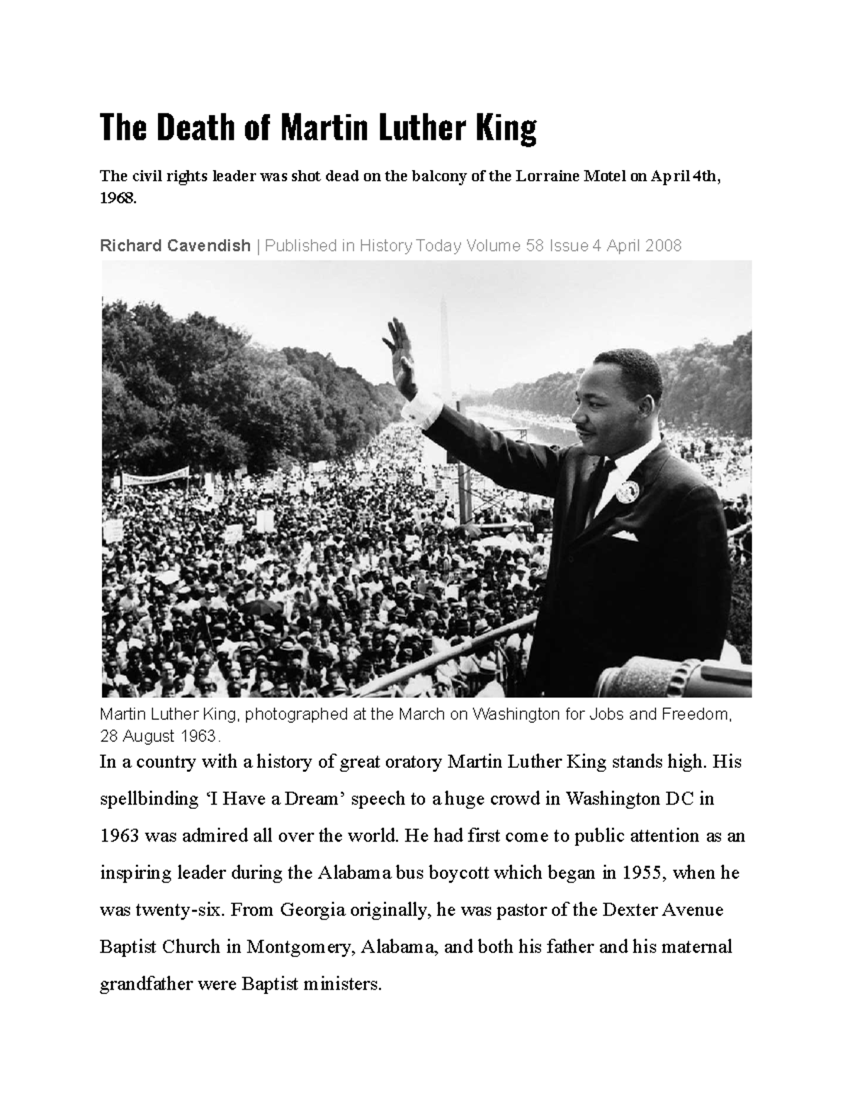 The Death of Martin Luther King - Richard Cavendish | Published in ...