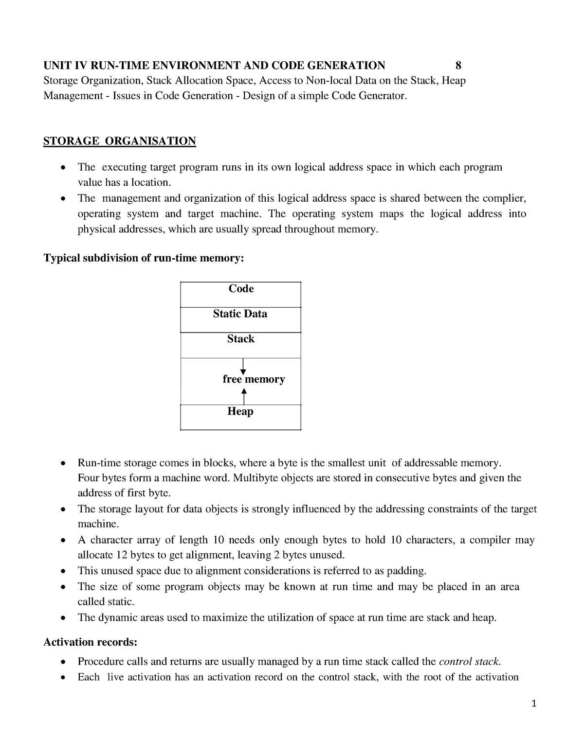 CS3501 Compiler Design Unit-4 - 1 UNIT IV RUN-TIME ENVIRONMENT AND CODE ...