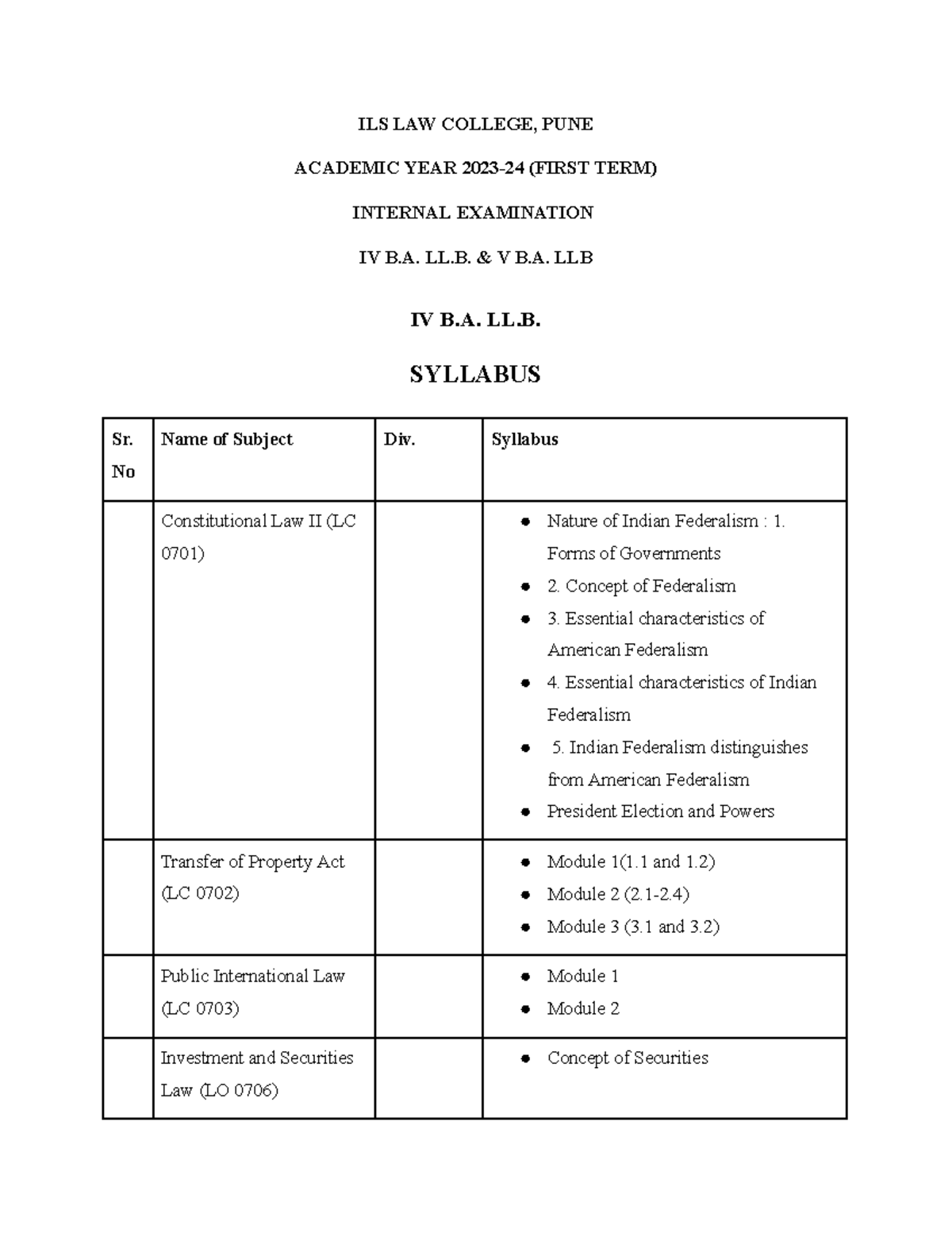 Syllabus IV and V BA LLB 2023 24 - ILS LAW COLLEGE, PUNE ACADEMIC YEAR ...