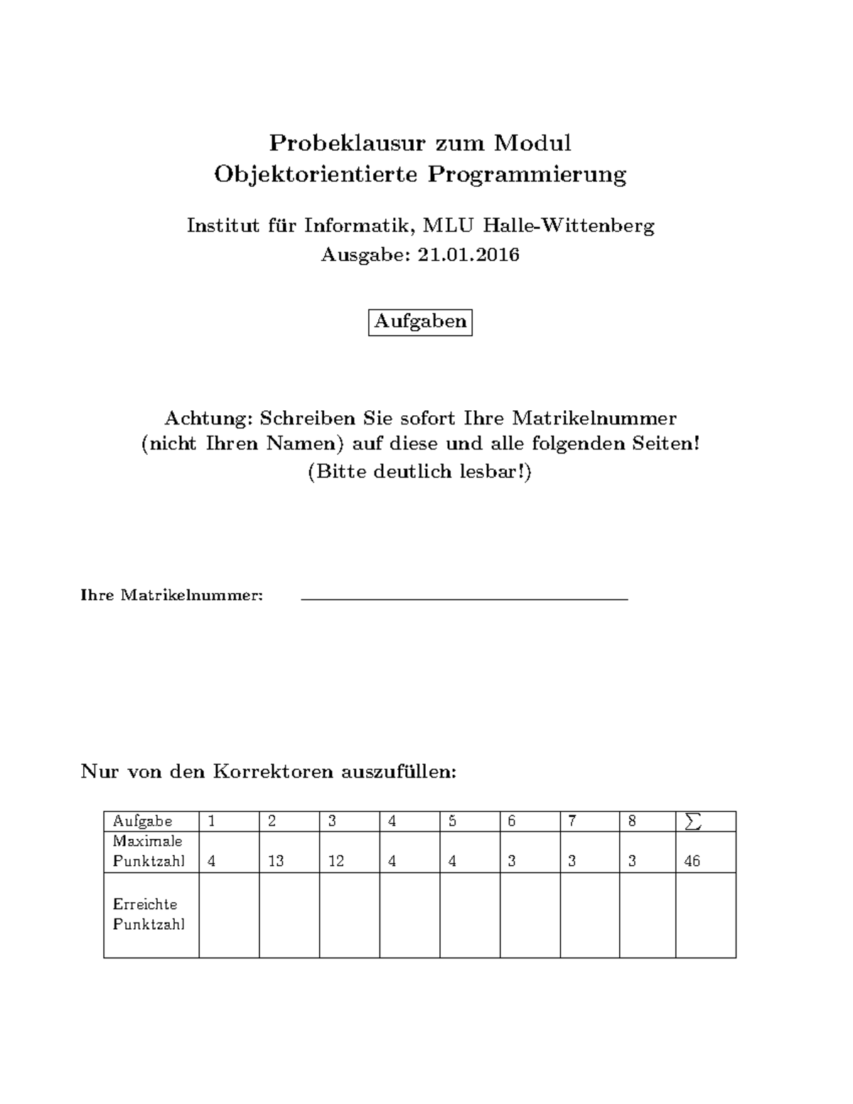 Probeklausur Aufgaben - Probeklausur Zum Modul Objektorientierte ...