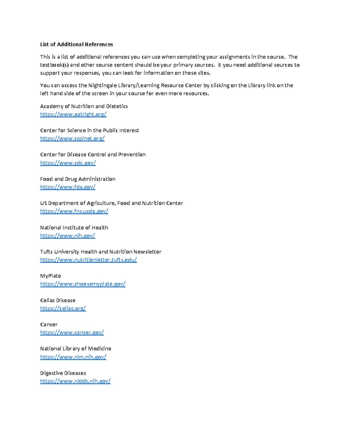 List of additional references the textbook s and other course