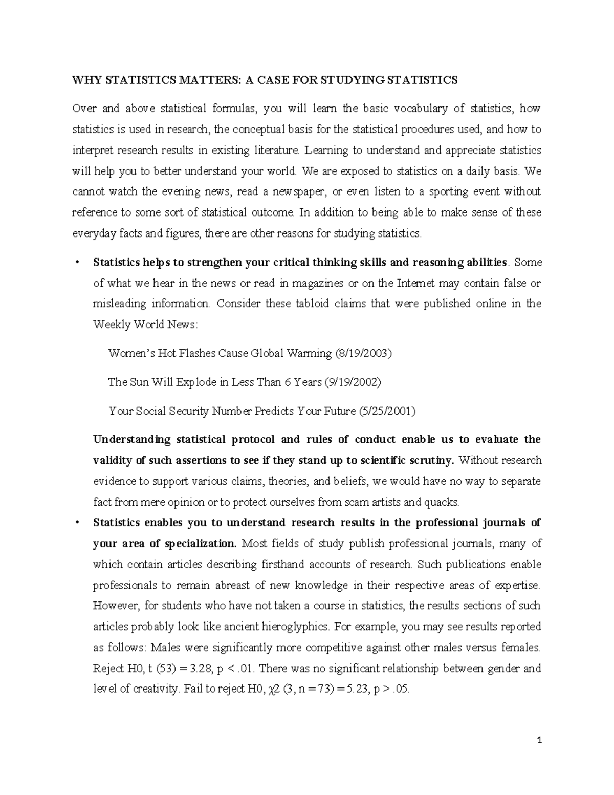 Statistics Notes - WHY STATISTICS MATTERS: A CASE FOR STUDYING ...
