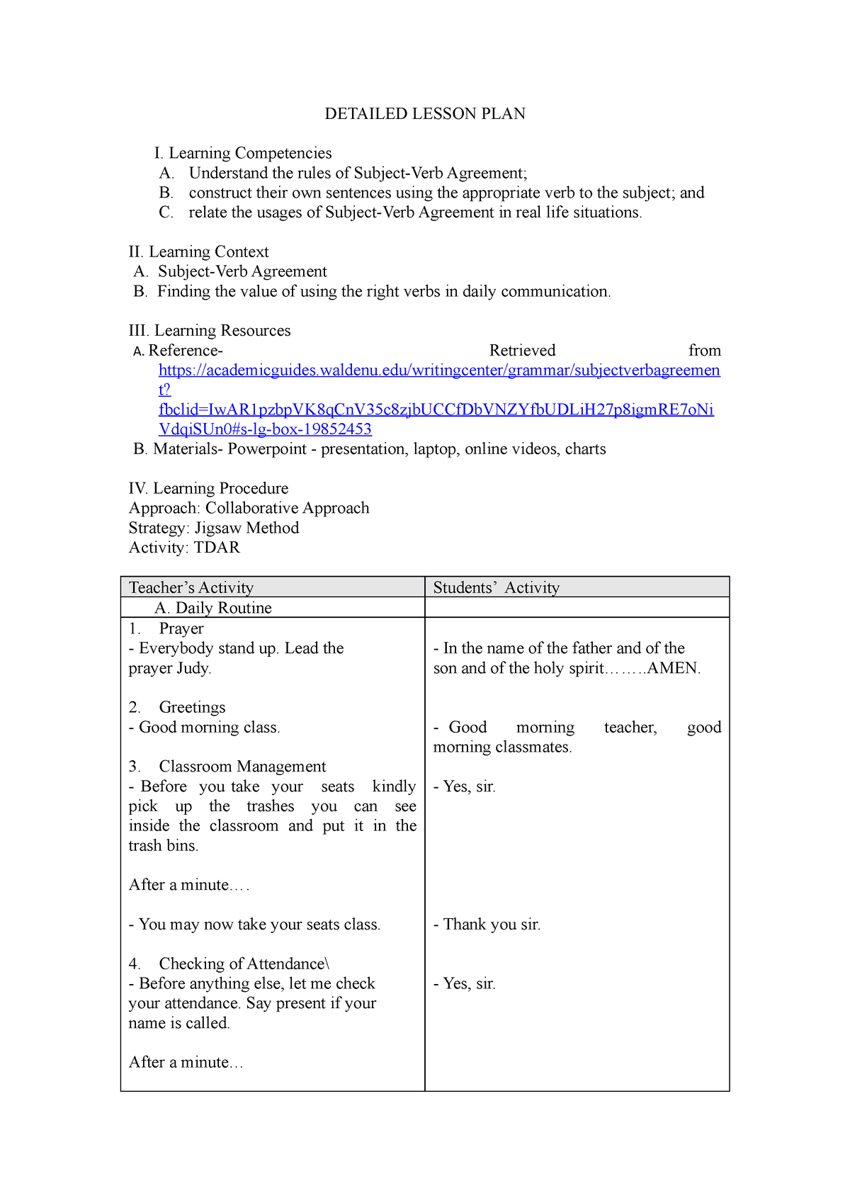 Example Of Learning Procedure In Lesson Plan