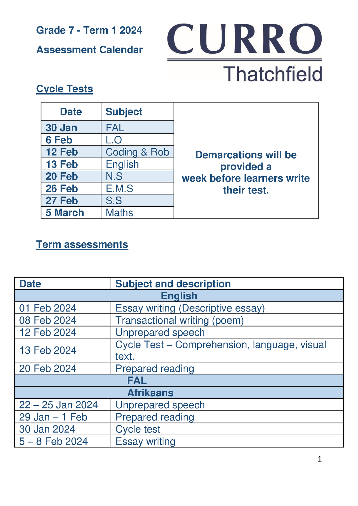 Grade 7 Term 1 Assessment calendar 2024 1 Grade 7 Term 1 2024