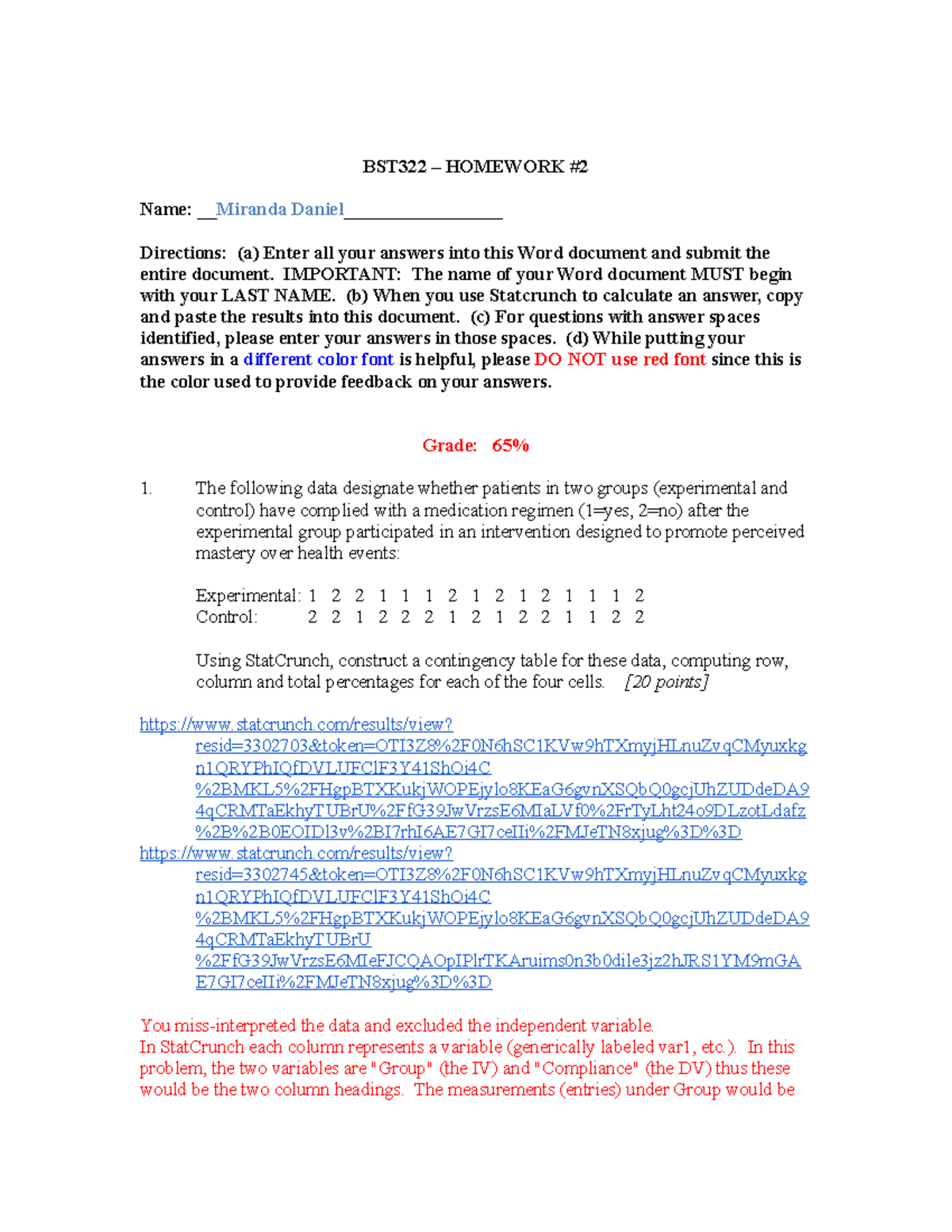 Homework 2 graded BST322 HOMEWORK Name Miranda Daniel