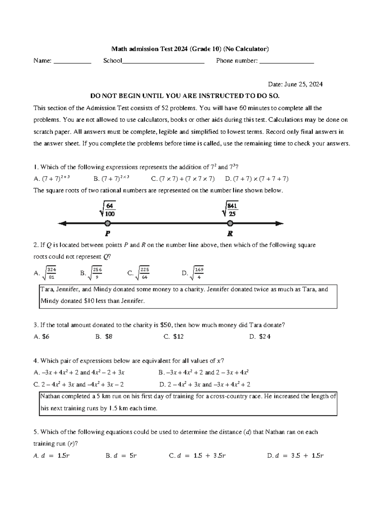 2024 G10 Math Admission Test - Math admission Test 2024 (Grade 10 ) (No ...