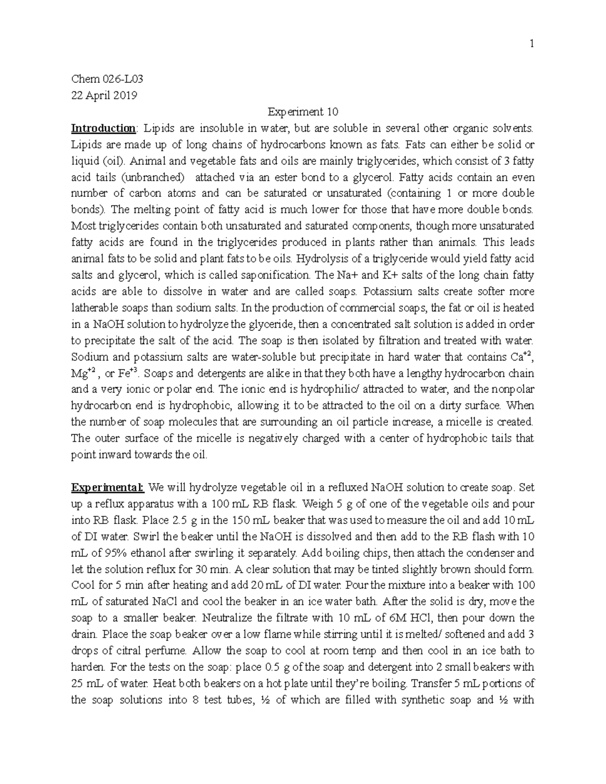 Experiment 10 - 1 Chem 026-L 22 April 2019 Experiment 10 Introduction ...