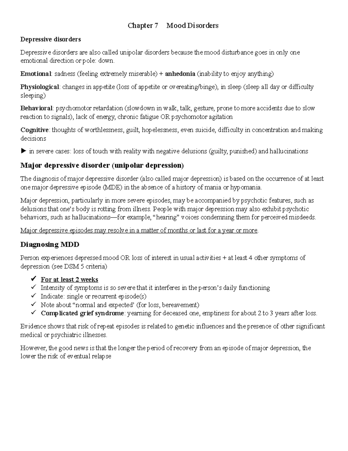 Chapter 7 Mood Disorders - Chapter 7 Mood Disorders Depressive ...