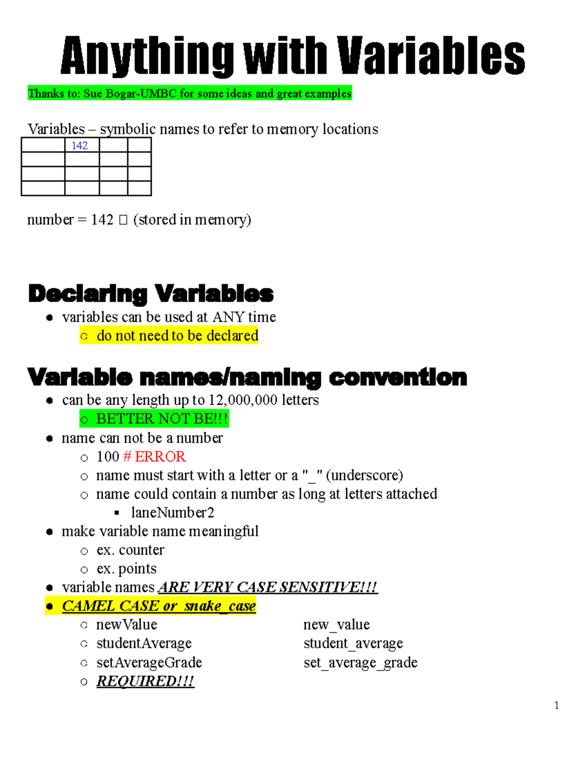 Python Variables Notes - Anything with Variables Thanks to: Sue Bogar ...