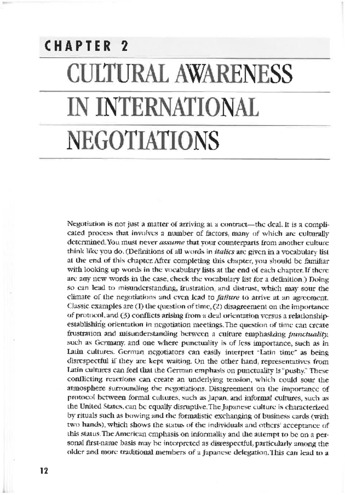 Chapter 2 - CHAPTER 2 CULTURAL AWARENESS IN INTERNATIONAL NEGOTIATIONS ...
