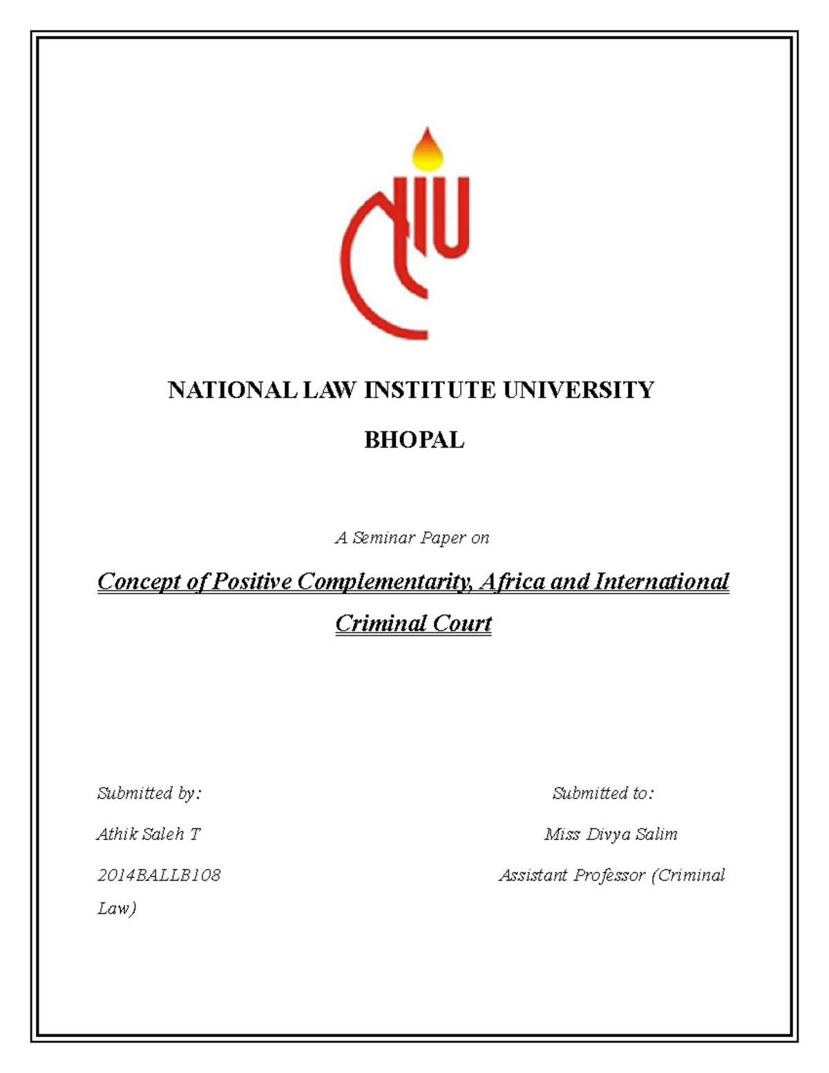 International Criminal Law - National Law Institute University Bhopal A 