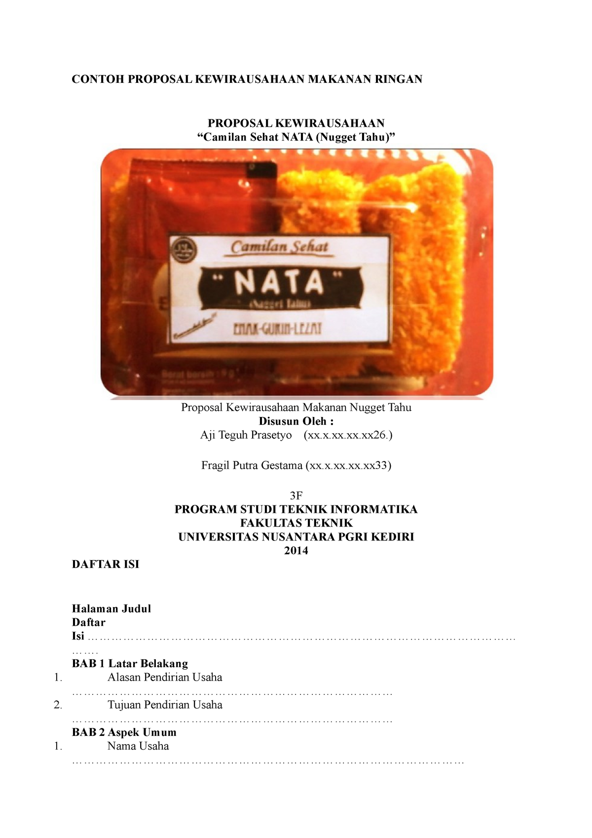 Contoh Cover Proposal Usaha Makanan Doc Proposal Usaha Bakso Bakar 