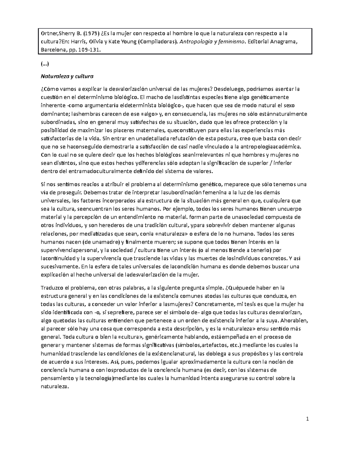 Ortner. Mujer Naturaleza antropologia 2021. primer cuatrimestre .Licenciatura Ortner,Sherry B Ortner. Mujer Naturaleza antropologia 2021. primer cuatrimestre .Licenciatura Ortner,Sherry B