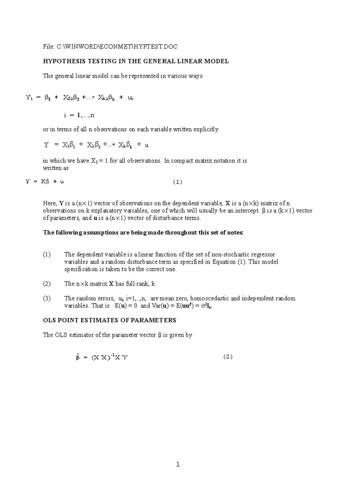 HYPOTHESIS TESTING IN THE GENERAL LINEAR MODEL - File: C:\WINWORD ...