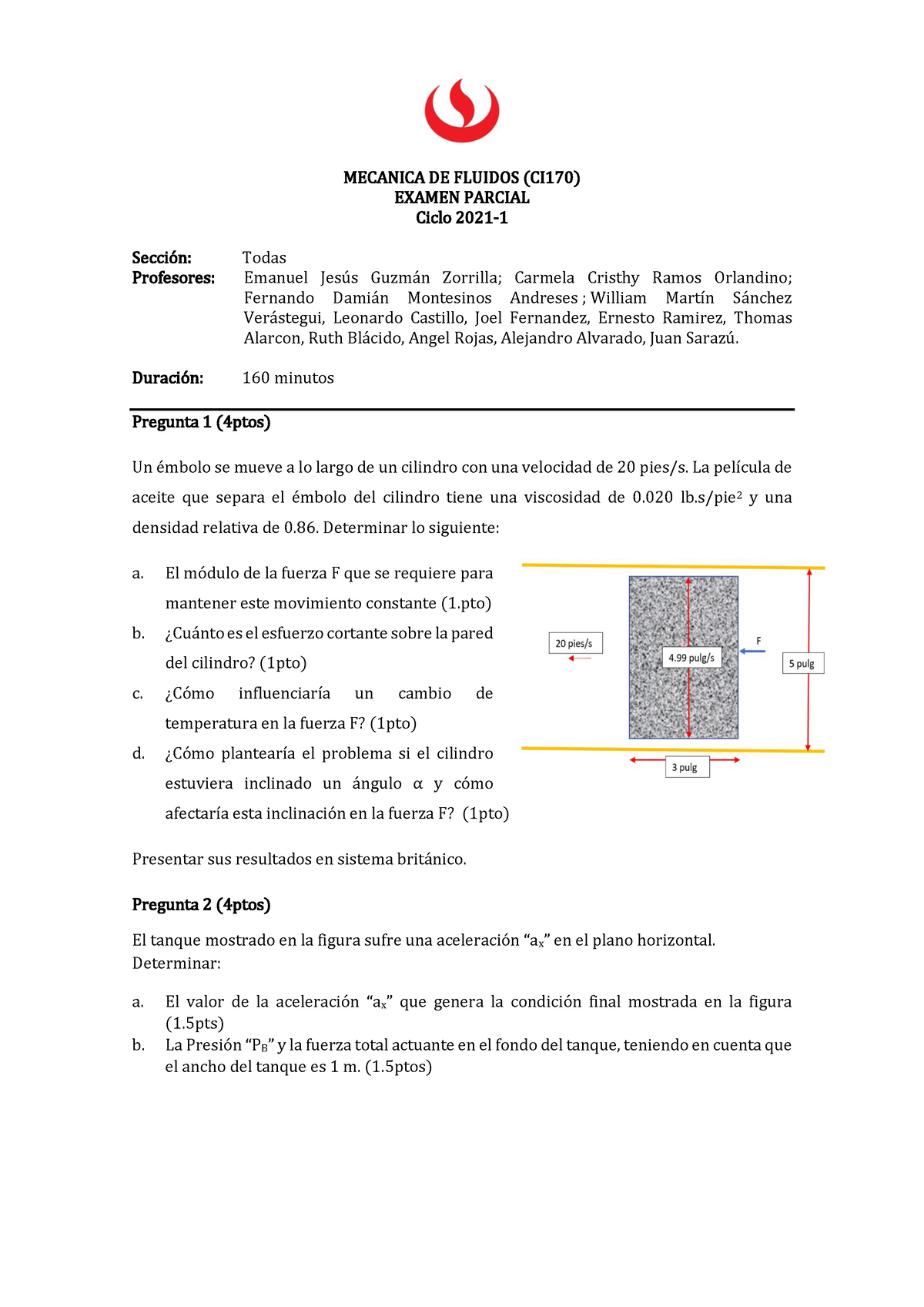 EA 2021-1 - Examen Parcial - MECANICA DE FLUIDOS (CI170) EXAMEN PARCIAL ...