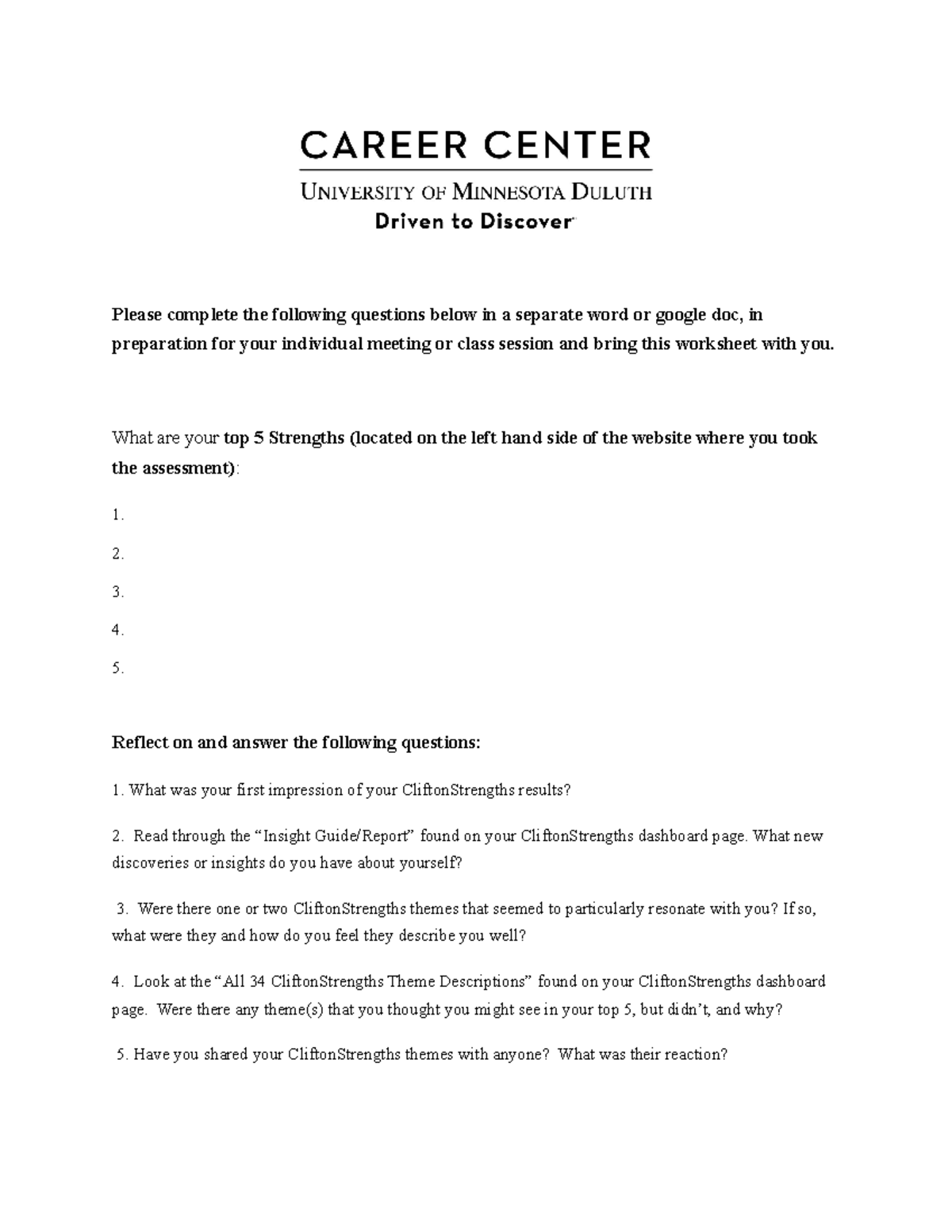 Clifton Strengths Assessment Followup Worksheet Please complete the