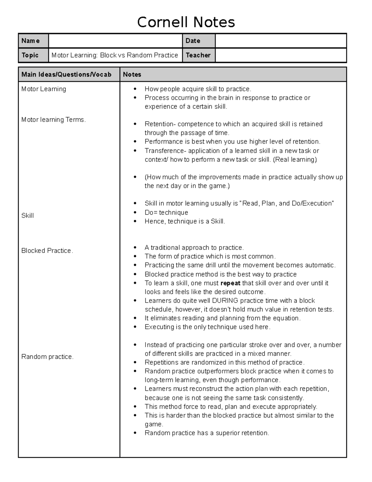 Cornell Notes on sports review in youtube - English Language ...