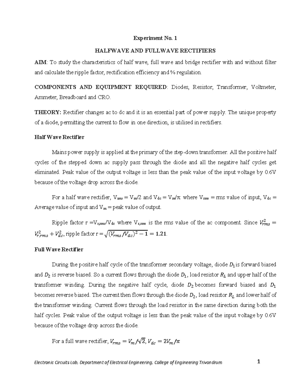 01 Rectifiers 1 Experiment No 1 Halfwave And Fullwave Rectifiers Aim