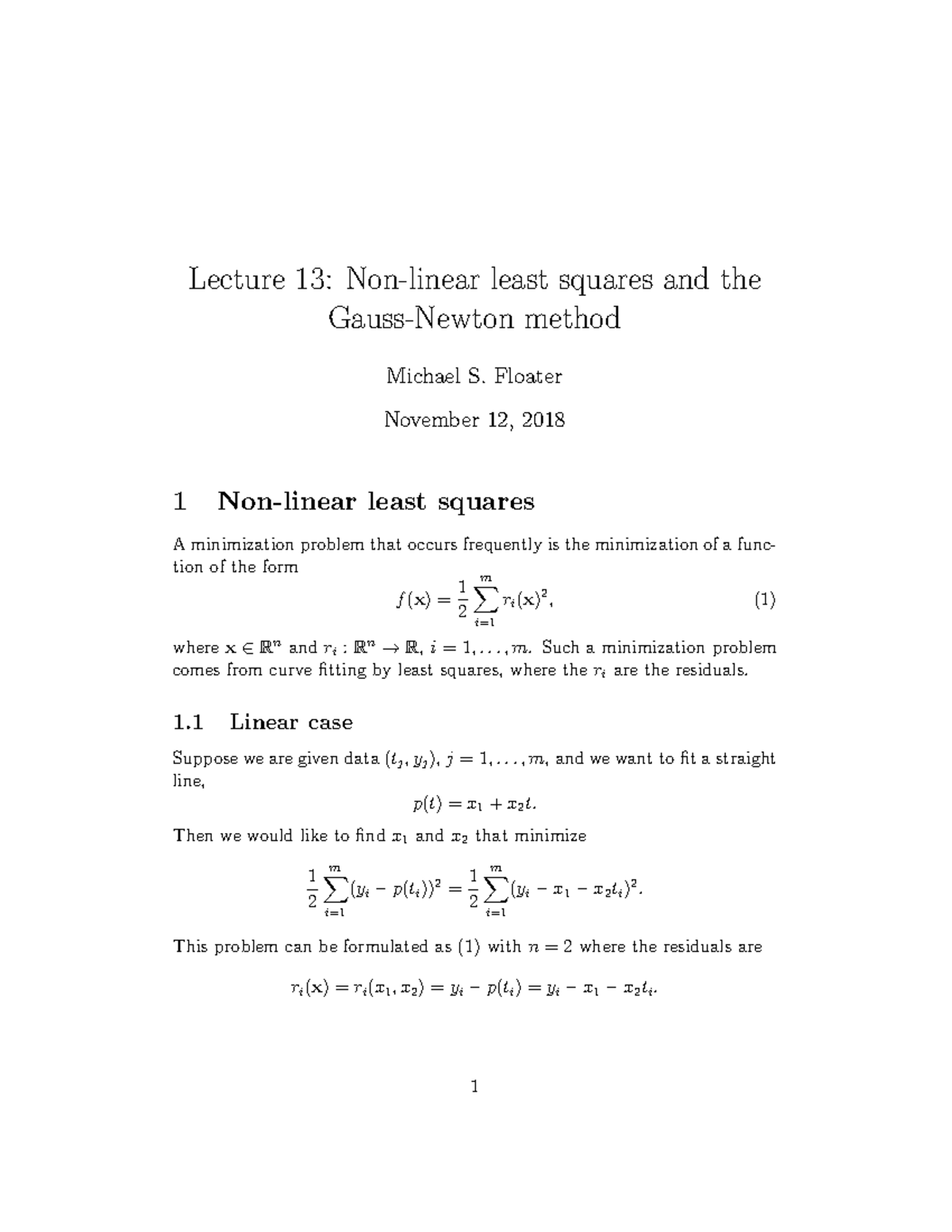 Non-linear Least Squares Numerical Analysis - Lecture 13: Non-linear ...