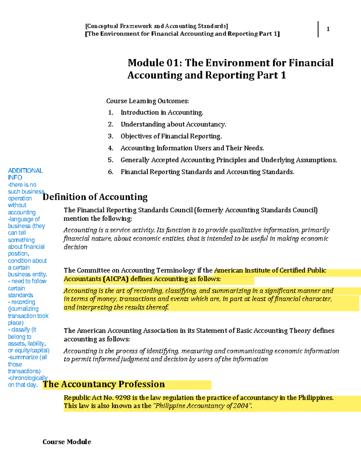 W1 Module 1 The Environment for Financial Accounting and Reporting ...