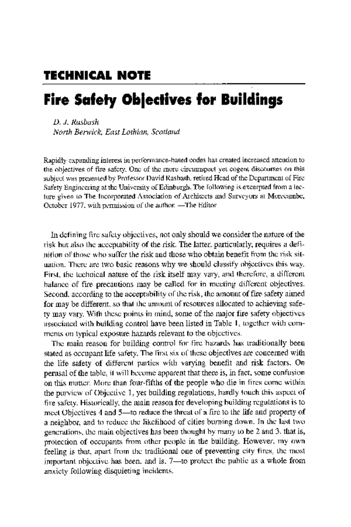 Fire Safety Objective TECNNICAL NOTE Fire Safety Objectlves for